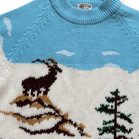 Vintage Alpine Goat Scenic Knit Sweater Cream Blue Mock Neck Unisex Ski Cabin - Picture 2 of 11